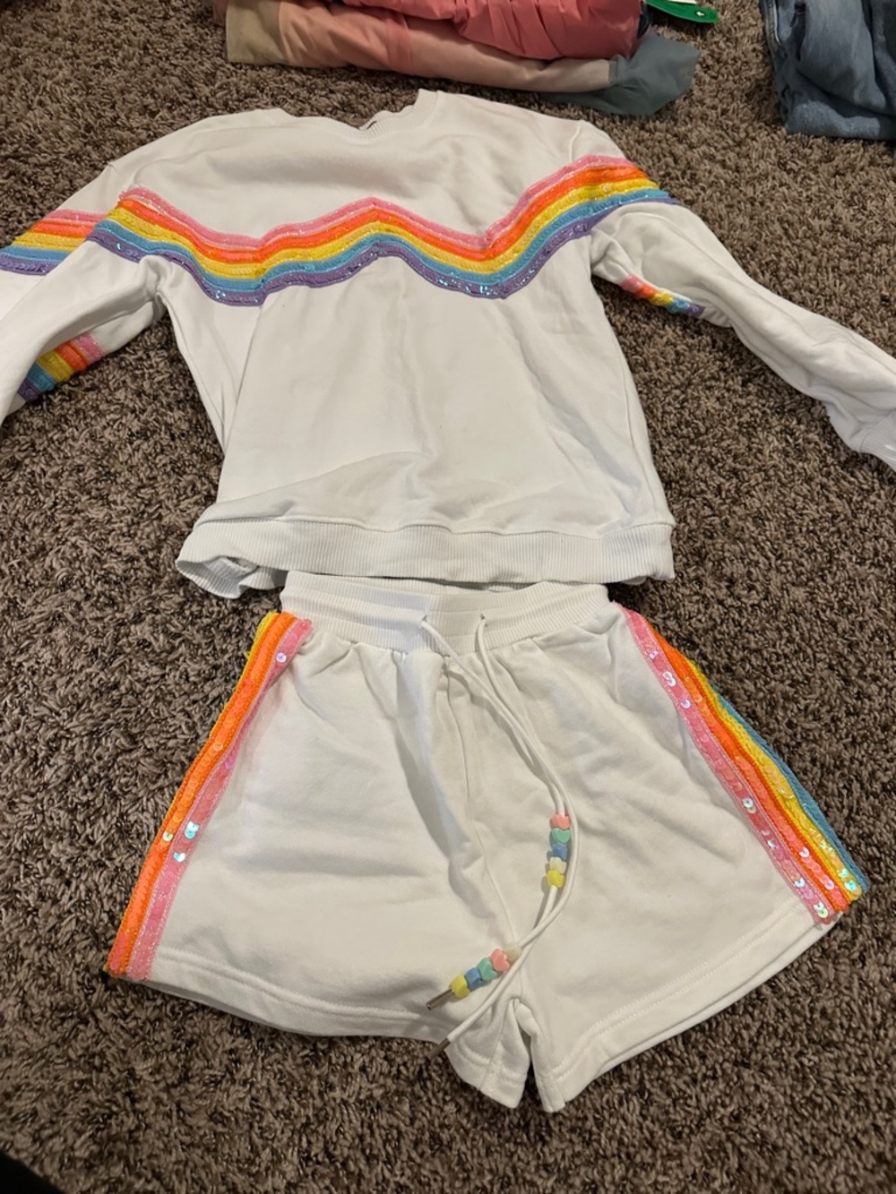 Girls White Rainbow Sequin Set - Two-Piece Lounge Set